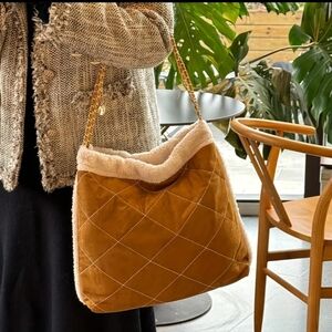 Private Label Boutique Suede Brown Quilted Sherpa Chain Shoulder Bag Wallet Set